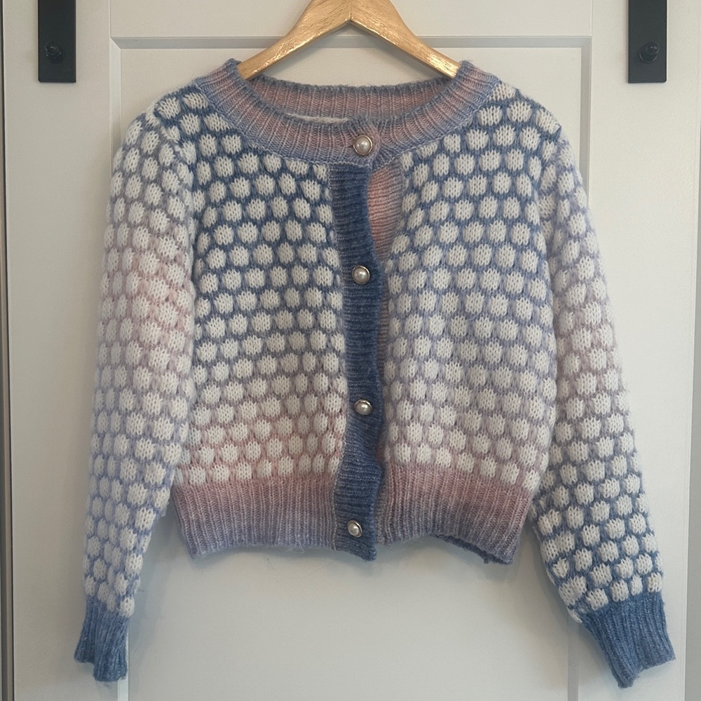 Elegant Blue and White Polka Dot Cardigan